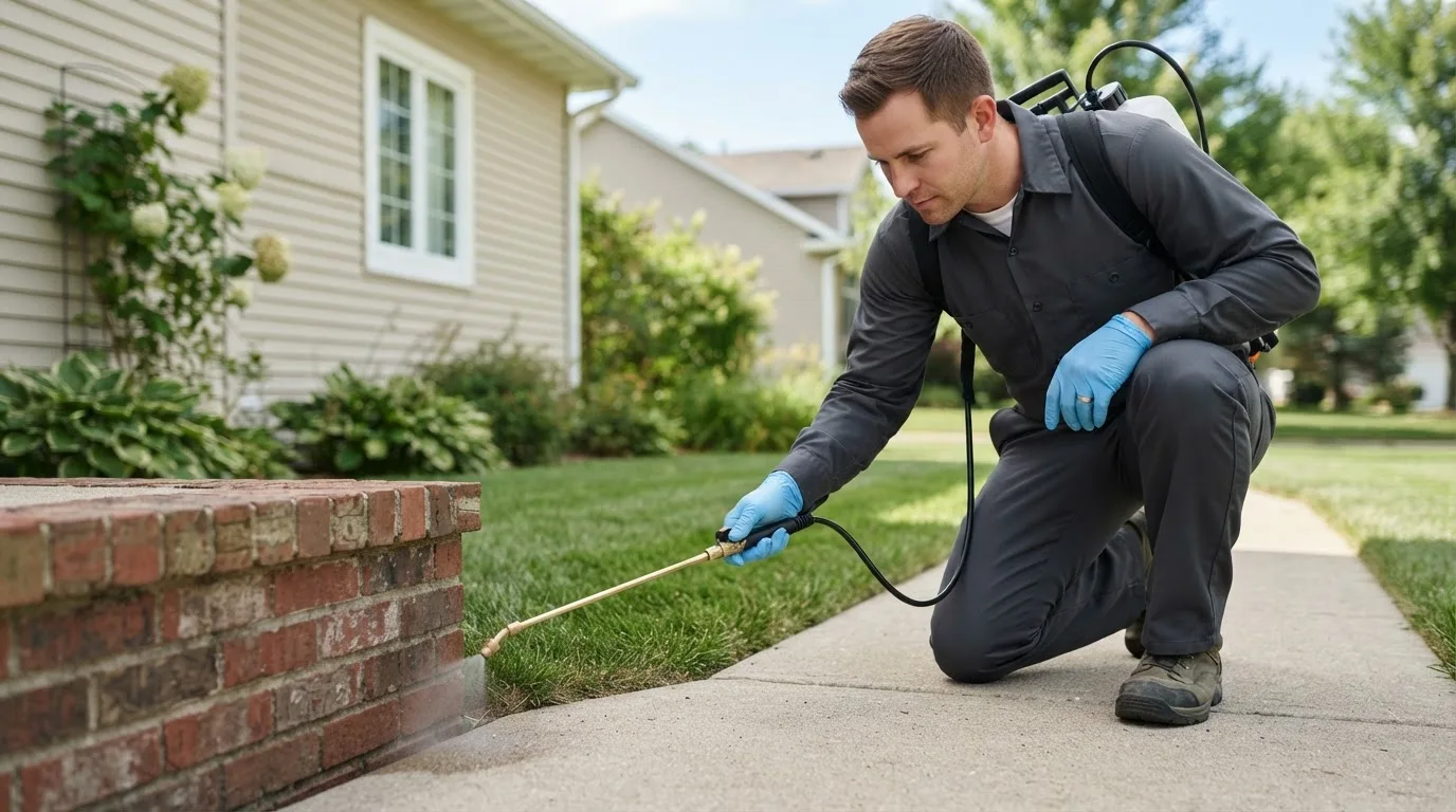 Pest control technician treating a home near South Kent, CT